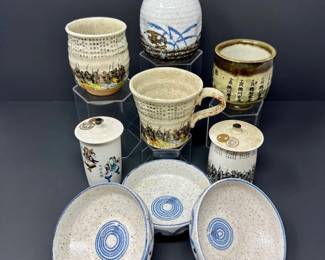 59 AssortedJapaneseHandPaintedStonewareCupsBowlsSakeBottle