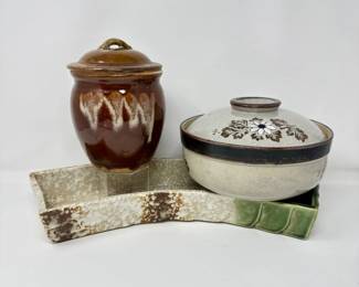 76 MCMPotteryTrioOtagiriFloralDishOribeStylePlanterGlazedJar