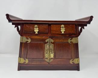 54 AntiqueChineseCarvedWoodJewelryBoxw5DrawersMetalHardware
