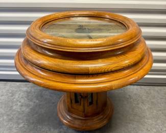 89 VintageWoodPedestalCoffeeTablewBuiltInClockCasterBase
