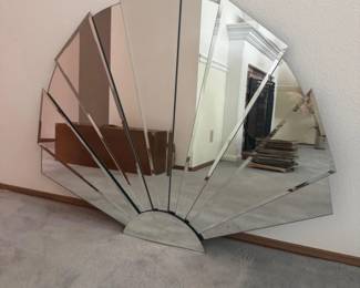 104 VintageArtDecoFanMirror1980sStyleShellBeveledGlass