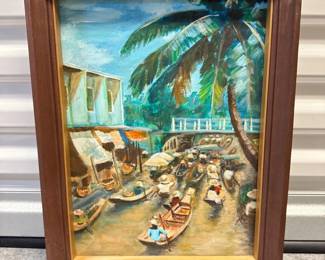 64 1970sOriginalThailandRiverMarketPaintingFramedCanvas