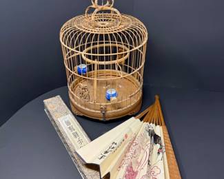 51 OrnateWoodenBirdcageWCarvedDetailsHandPaintedFoldingFan
