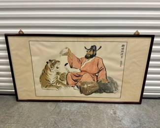 85 OversizedFramedOriginalAsianArtworkManPouringforTiger