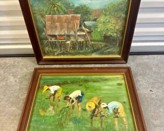 25 1970sOriginalAsianArtPaintingsRicePlantingNipaHut