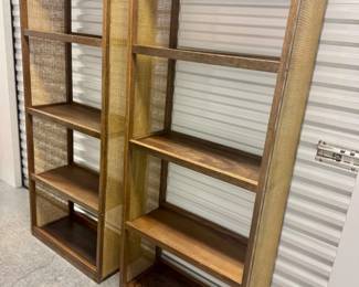 19 VintageMidCenturyBookshelvesWoodFrameWovenCanePanelsPair
