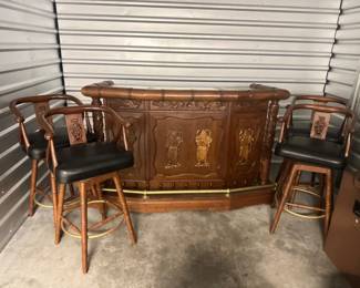 18 LargeAsianInspiredCarvedWoodenBar4VinylStools