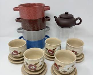 74 YixingStyleTeapotMikasaSoupBowlsPotteryTeacupswSaucers