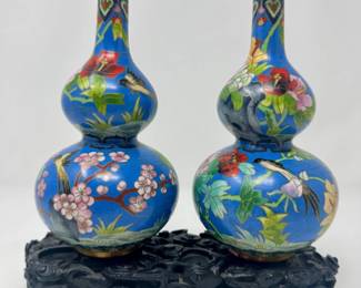 27 PairofCloisonnGourdVaseswBirdsFlowersonUniqueCarvedBase