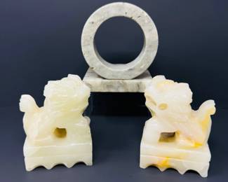 66 JadeLikeCarvedStoneFooDogsRoundStoneBookend