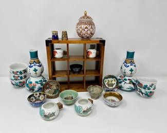 79 AsianPotteryThimblesTrinketShelfKutaniSakeBottlesMore