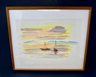 69 MidCenturyFramedWatercolorBoatsonWateratSunset