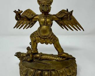 90 Tibetan20thCCastMetalGarudavsNagarajaFigureonLotusBase