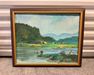 63 1970sSignedLandscapeOilPaintingRiverFishingScene
