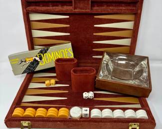 75 VintageVelvetCorduroyBackgammonSetwGreyhoundDominoesAshtray