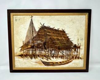78 OriginalFramedPaintingStiltHouseBoatScene