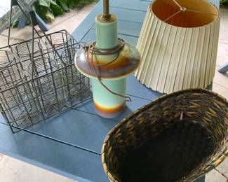 vintage bottle holder, basket, AMAZING vintage lamp that needs to be rewired....