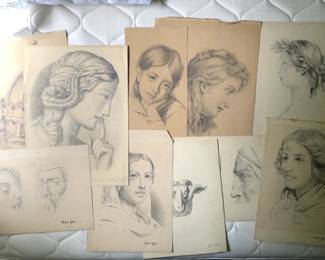 Various Original Sketches, Germany paintings/drawings, most created late 1800s/ early 1900s. Many portrait pencil drawings and landscape watercolors on paper available as well, unframed, most 12x18 or smaller