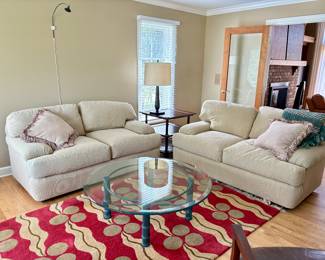 Century Loveseats wool abstract rug, Baker 3 tier end table