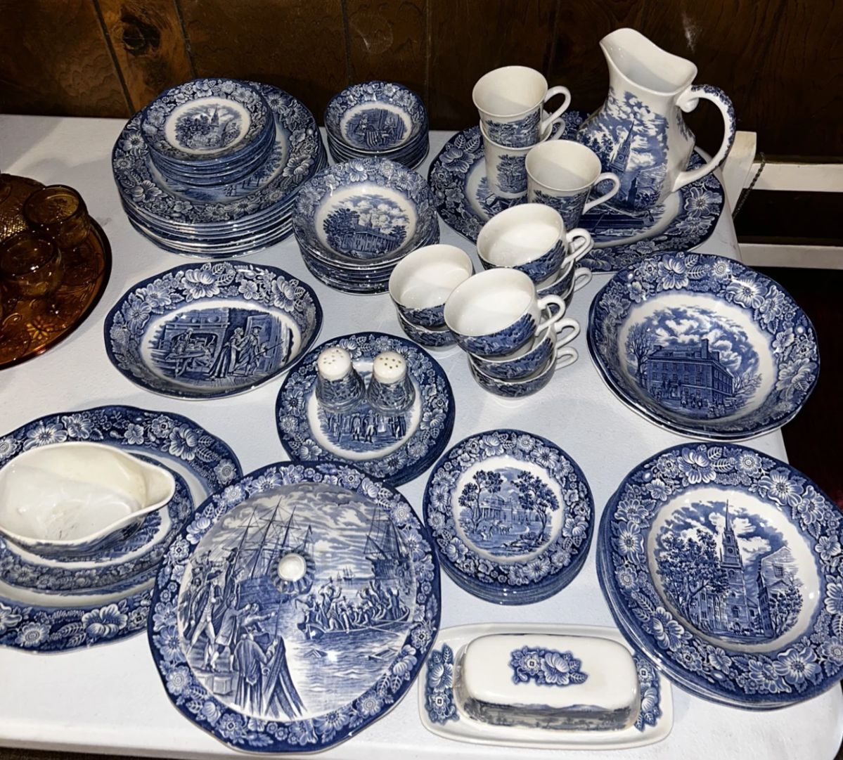 Vintage Liberty Blue Colonial Scenes Dinnerware | Staffordshire Ironstone England | Blue Transferware Historical 