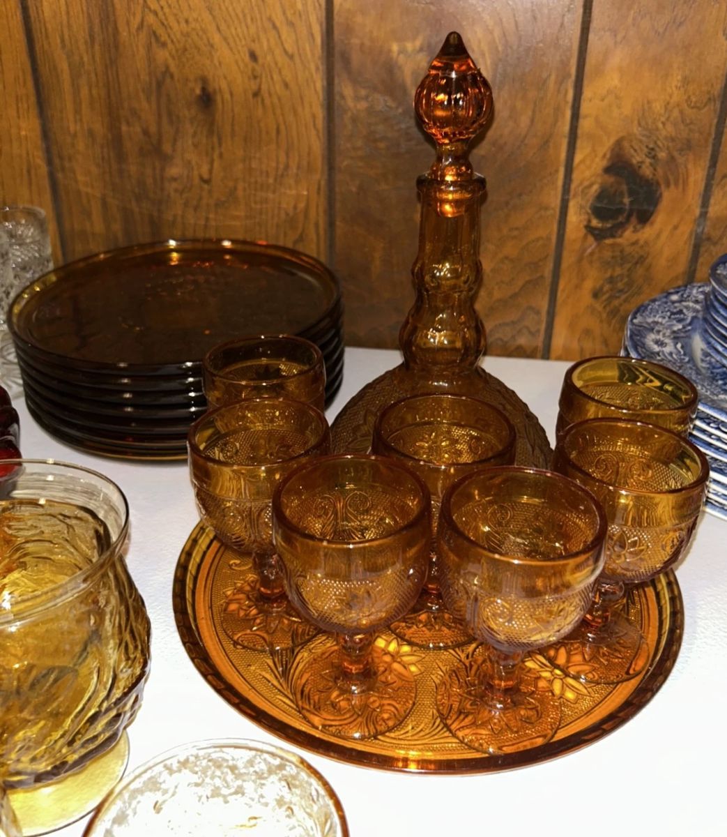 Tiara Amber Indiana Sandwich Glass Decanter/Goblet Set