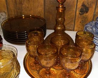 Tiara Amber Indiana Sandwich Glass Decanter/Goblet Set