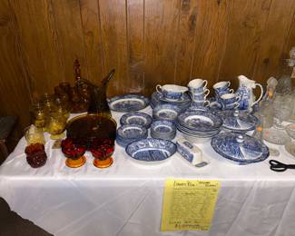 Amber Glass, Italian Blown Glass, Liberty Blue Colonial Scenes