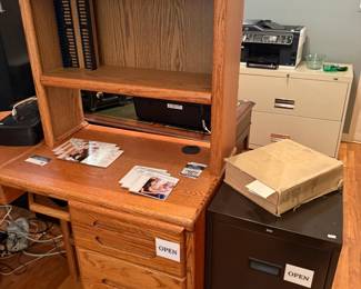 Wooden Desk, Filing Cabinet