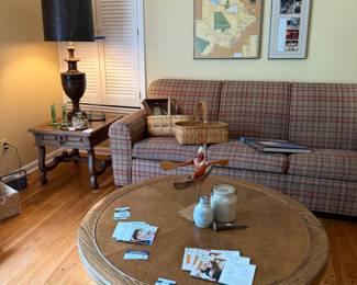 Plaid Couch, Baskets, Coffee Table Books, Hekman Trestle End Table, Erickson Sweden Crystal Frog