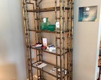 Faux Bamboo Metal Etagere, Blenko Emerald Green Water Bottle, Uranium Vase