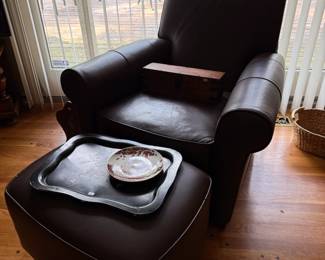 Ethan Allen Leather Chair and Ottoman, Decorative Tray