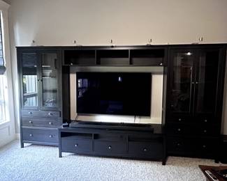 $300 FOR 4 PIECE ENTERTAINMENT CENTER. END PIECES 35W X 77 H X D 13 1/2....CENTER LOWER PIECE 72W X 19D 77 HT FOR TOP CENTER PIECE. THIS IS QUALITY MADE AND CAN BE MOUNTED TO THE WALL IN BACK FOR ADDITIONAL SUPPORT/SAFETY. ....TV IS A 66" PRICE TBD