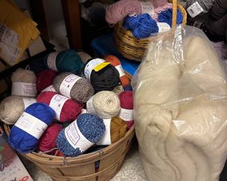 Vintage bushel baskets, yarn