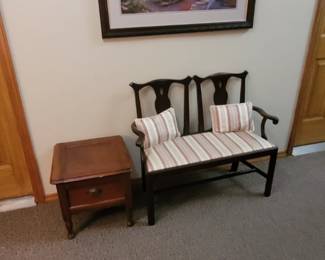 Antique Chamber Pot Chest (does not include pot). Wooden bench. Framed print