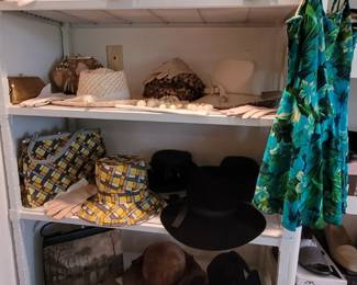 Vintage Hats & Purses, including some matching set. Vintage ladies swimsuit. Ladies dress shoes.