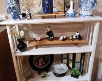 Assorted Asian themed decor. Bottom shelf: Boxed Sets of 6 Butterfly plates and tea cups/saucers from The Museum Shop of the Art Institute of Chicago