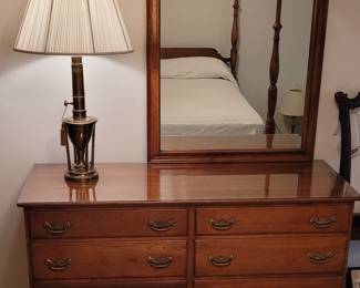 Vintage Stickley Solid Hardwood Dresser with custom glass top. Matching Mirror which attaches to the back of the dresser or can be hung seperately. (Note: both part of 5 pc bedroom set.) Vintage Stiffel Brass Lamp (not part of bedroom set)