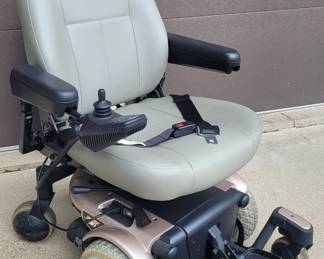 Pride Mobility "Jazzy 610 PowerChair with zero-turn radius. Built in charger. Two new gel 12V rechargeable maintenance-free batteries installed July 2024. Includes metal basket that installs behind seat. Seat raises (power) and turns (manual). Includes all original operational documentation. Operates well and in great condition. Since installation of new batteries, used periodically between July 2024 and November 2024.