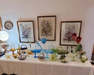 Assorted Glassware including Fenton, Westmoreland, Indiana Glass, Duncan & Miller, etc. Framed Prints.