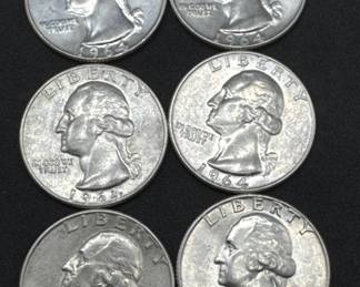 (6) Uncirculated 1964D Washington Silver Quarters