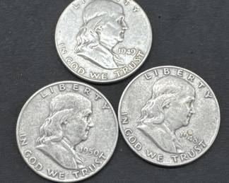 (3) Franklin Half Dollars 1948d,1949d,1950d