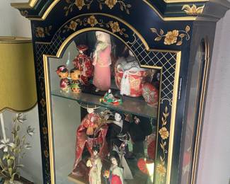 Drexel Heritage Black Lacquered Chinoiserie Console Table, 3-Drawer Et Cetera Side Table & Curio Cabinet