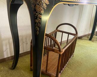 Drexel Heritage Black Lacquered Chinoiserie Console Table, 3-Drawer Et Cetera Side Table & Curio Cabinet