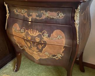 French Provincial Bombe Chest with Marquetry Inlay & Ornate Brass Mounts
