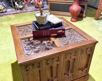 Spanish Revival Carved Wood Coffee Table with Storage