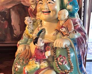 Chinese Famille Rose Porcelain Laughing Buddha with Children Sculpture