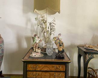 Drexel Heritage Black Lacquered Chinoiserie Console Table, 3-Drawer Et Cetera Side Table & Curio Cabinet