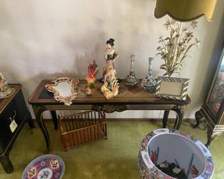 Drexel Heritage Black Lacquered Chinoiserie Console Table, 3-Drawer Et Cetera Side Table & Curio Cabinet