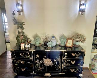 Tansu Chinoiserie Black Lacquer Lowboy Dresser