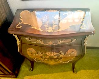 French Provincial Bombe Chest with Marquetry Inlay & Ornate Brass Mounts